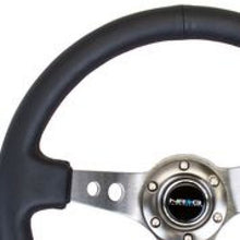 Cargar imagen en el visor de la galería, NRG Reinforced Steering Wheel (350mm / 3in. Deep) Blk Leather w/Gunmetal Circle Cutout Spokes