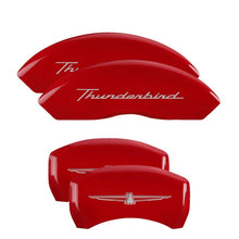 Load image into Gallery viewer, MGP 4 Caliper Covers Engrvd Front No bolts/Tbird Engrvd Rear/Tbird Emblem Red fnsh slvr ch