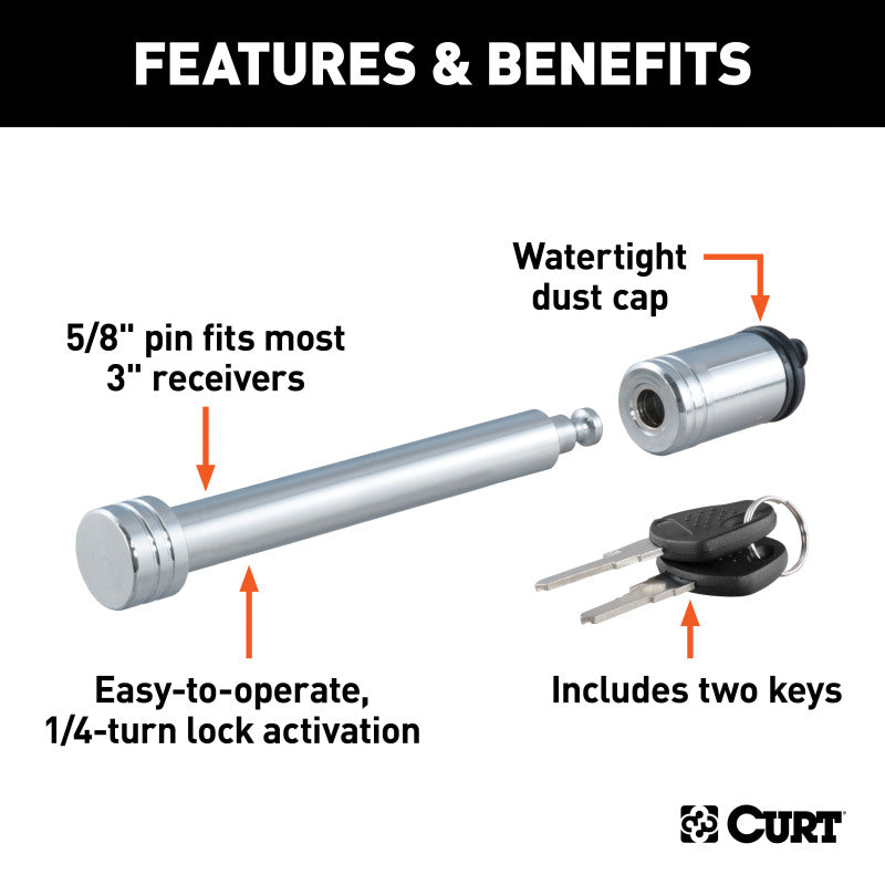 Curt 5/8in Hitch Lock (3in Receiver Barbell Chrome)