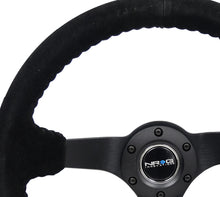 Cargar imagen en el visor de la galería, NRG Reinforced Steering Wheel (350mm / 3in. Deep) Blk Suede/Blk Bball Stitch w/5mm Matte Black Spoke