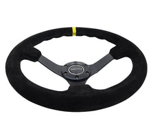 Cargar imagen en el visor de la galería, NRG Reinforced Steering Wheel (350mm / 3in. Deep) Blk Suede/X-Stitch w/5mm Blk Spoke &amp; Yellow CM