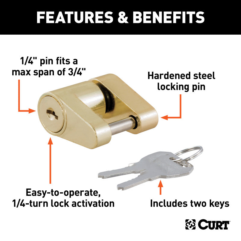 Curt Coupler Lock (1/4in Pin 3/4in Latch Span Padlock Brass-Plated)