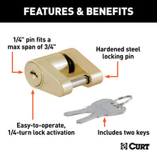 Load image into Gallery viewer, Curt Coupler Lock (1/4in Pin 3/4in Latch Span Padlock Brass-Plated)