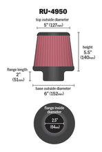 Cargar imagen en el visor de la galería, K&amp;N Filter Universal Rubber Filter 2 1/2 inch Flange 6 inch Base 5 inch Top 5 1/2 inch Height