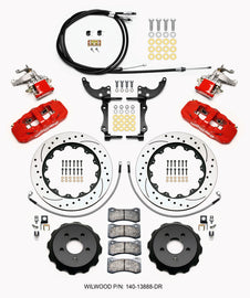 Wilwood AERO4 / MC4 Rear Kit 14.00 Drilled Red 15-23 Mustang w/Lines & Cables