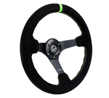Cargar imagen en el visor de la galería, NRG Reinforced Steering Wheel 350mm/3in. Deep Blk Suede/ Neon Green Stitch w/5mm Matte Black Spoke