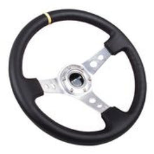 Cargar imagen en el visor de la galería, NRG Reinforced Steering Wheel (350mm / 3in. Deep) Blk Leather w/Circle Cut Spokes &amp; Single Yellow CM