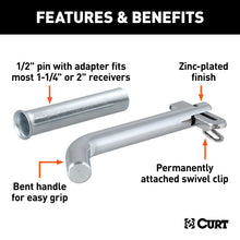 Cargar imagen en el visor de la galería, Curt 1/2in Swivel Hitch Pin w/5/8in Adapter (1-1/4in or 2in Receiver Zinc Packaged)