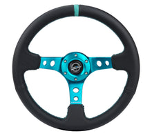 Cargar imagen en el visor de la galería, NRG Reinforce Steering Wheel (350mm / 3in. Deep) Blk Leather, Teal Center Mark w/ Teal Stitching