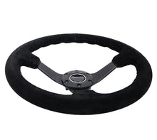 Cargar imagen en el visor de la galería, NRG Reinforced Steering Wheel (350mm / 3in. Deep) Blk Suede/Blk Bball Stitch w/5mm Matte Black Spoke