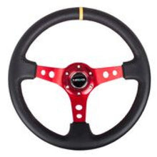 Cargar imagen en el visor de la galería, NRG Reinforced Steering Wheel (350mm / 3in. Deep) Blk Leather w/Red Spokes &amp; Sgl Yellow Center Mark