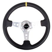 Cargar imagen en el visor de la galería, NRG Reinforced Steering Wheel (350mm / 3in. Deep) Blk Leather w/Circle Cut Spokes &amp; Single Yellow CM