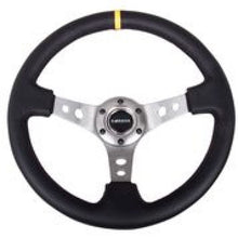 Cargar imagen en el visor de la galería, NRG Reinforced Steering Wheel (350mm / 3in. Deep) Blk Leather w/Gunmetal Cutout Spoke &amp; Yellow CM