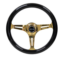 Cargar imagen en el visor de la galería, NRG Classic Wood Grain Steering Wheel (350mm) Black Grip w/Chrome Gold 3-Spoke Center