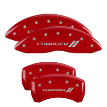 Cargar imagen en el visor de la galería, MGP 4 Caliper Covers Engraved Front &amp; Rear With stripes/Charger Red finish silver ch