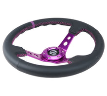 Cargar imagen en el visor de la galería, NRG Reinforced Steering Wheel (350mm / 3in. Deep) Black Leather w/Purple Center &amp; Purple Stitching