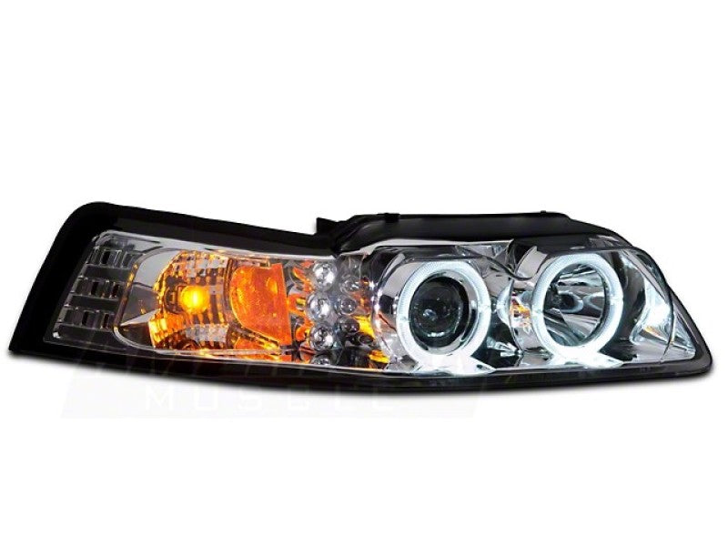 Raxiom 99-04 Ford Mustang Dual LED Halo Projector Headlights- Chrome Housing (Clear Lens)