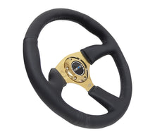 Cargar imagen en el visor de la galería, NRG Reinforced Steering Wheel (350mm / 2.5in. Deep) Leather Race Comfort Grip w/4mm Gold Spokes