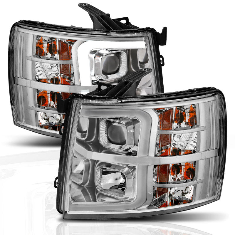 ANZO 07-13 Chevrolet Silverado 1500/2500/3500 Proj Headlights w/ Plank Style Switchback Chrome w/Amb