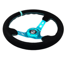 Cargar imagen en el visor de la galería, NRG Reinforced Steering Wheel (350mm/ 3in. Deep) Black Suede/ Teal Center Mark/ Teal Stitching