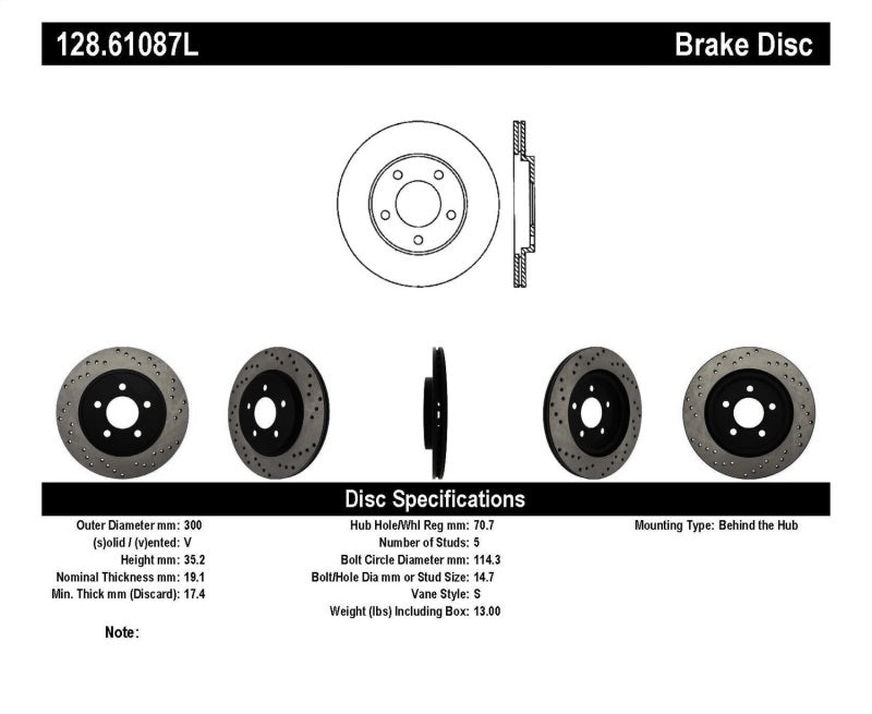 StopTech 05-10 Ford Mustang V6/4.0L / GT V8/4.6L Cross Drilled Left Rear Rotor