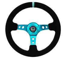 Cargar imagen en el visor de la galería, NRG Reinforced Steering Wheel (350mm/ 3in. Deep) Black Suede/ Teal Center Mark/ Teal Stitching