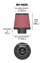Cargar imagen en el visor de la galería, K&amp;N Filter Universal Rubber Filter 2 1/2 inch Flange 6 inch Base 5 inch Top 5 1/2 inch Height
