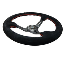 Cargar imagen en el visor de la galería, NRG Reinforced Steering Wheel (350mm / 3in. Deep) Blk Suede w/Red Stitching &amp; 5mm Spokes w/Slits