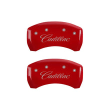 Cargar imagen en el visor de la galería, MGP 4 Caliper Covers Engraved Front &amp; Rear Cursive/Cadillac Red Finish Silver Char 2016 Cadillac CT6