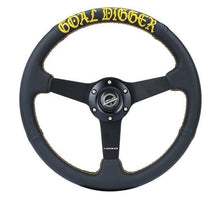 Cargar imagen en el visor de la galería, NRG Sport Steering Wheel (350mm / 1.5in Deep) Black Leather/Gold Stitch w/Matte Black Solid Spokes