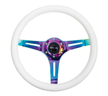 Cargar imagen en el visor de la galería, NRG Classic Wood Grain Steering Wheel (350mm) Glow-N-The-Dark Green Grip w/Neochrome 3-Spoke Center