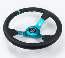 Cargar imagen en el visor de la galería, NRG Reinforce Steering Wheel (350mm / 3in. Deep) Blk Leather, Teal Center Mark w/ Teal Stitching