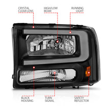 Cargar imagen en el visor de la galería, ANZO 99-04 Ford F250/F350/F450/Excursion (excl. 99) Crystal Headlights - w/ Light Bar Black Housing