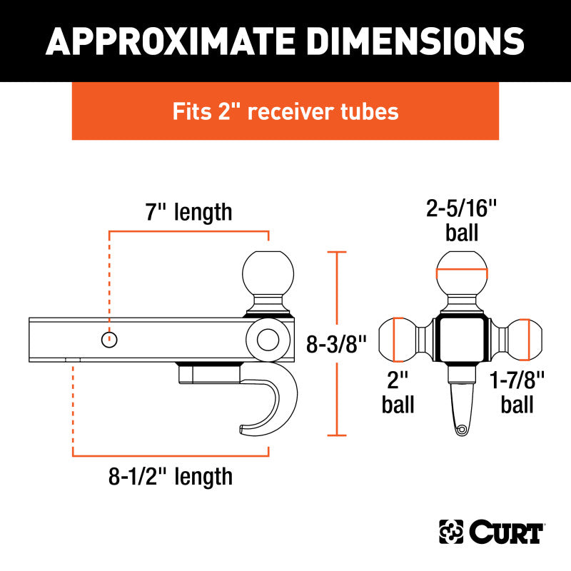 Curt Multi-Ball Mount w/Hook (2in Solid Shank 1-7/8in 2in & 2-5/16in Chrome Balls)