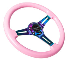 Cargar imagen en el visor de la galería, NRG Classic Wood Grain Steering Wheel (350mm) Solid Pink Painted Grip w/Neochrome 3-Spoke Center