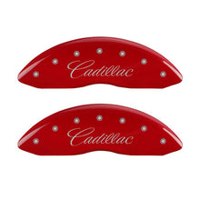 Cargar imagen en el visor de la galería, MGP 4 Caliper Covers Engraved Front Cursive/Cadillac Engraved Rear CTS Red finish silver ch