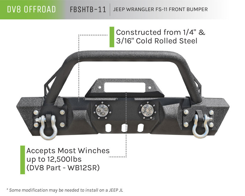 DV8 Offroad 07-18 Jeep Wrangler JK/JL FS-11 Stubby Mid Length Steel Front Bumper w/ Winch Plate