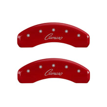 Load image into Gallery viewer, MGP 4 Caliper Covers Engraved Front &amp; Rear Cursive/Camaro Red finish silver ch