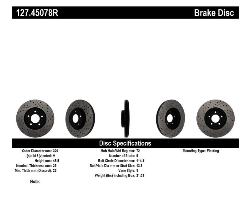 StopTech 07-09 Mazda 3 Right Front Slotted & Drilled Rotors