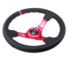 Cargar imagen en el visor de la galería, NRG Reinforced Steering Wheel (350mm/3in. Deep) Black Leather/ Fushia Center Mark/ Fushia Stitching