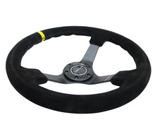 Cargar imagen en el visor de la galería, NRG Reinforced Steering Wheel (350mm / 3in. Deep) Blk Suede/X-Stitch w/5mm Blk Spoke &amp; Yellow CM