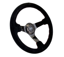 Cargar imagen en el visor de la galería, NRG Reinforced Steering Wheel (350mm / 3in. Deep) Blk Suede w/Red BBall Stitch &amp; Black 3-Spoke