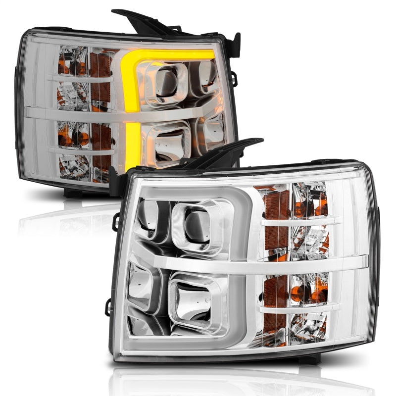 ANZO 07-13 Chevrolet Silverado 1500/2500/3500 Proj Headlights w/ Plank Style Switchback Chrome w/Amb