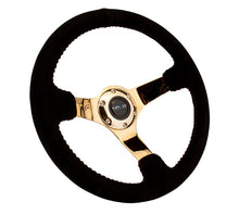 Cargar imagen en el visor de la galería, NRG Reinforced Steering Wheel (350mm / 3in. Deep) Blk Suede w/Red BBall Stitch &amp; Chrome Gold 3-Spoke