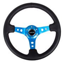 Cargar imagen en el visor de la galería, NRG Reinforced Steering Wheel (350mm / 3in. Deep) Blk Leather w/Blue Circle Cutout Spokes