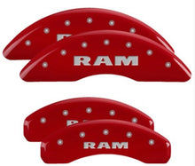 Load image into Gallery viewer, MGP 4 Caliper Covers Engraved Front &amp; Rear 2019 Ram 1500 Red Finish Silver RAM Logo